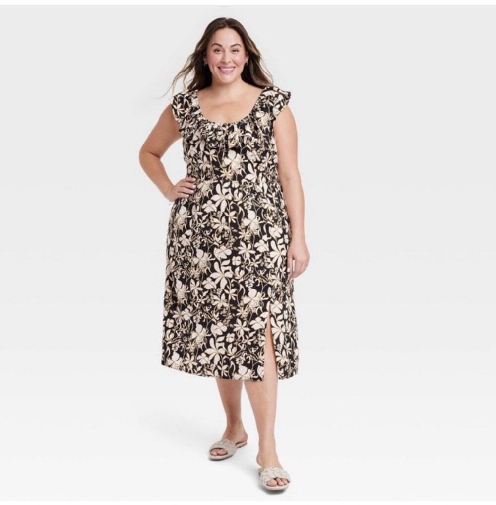 AVA & VIV x Target Dress Size 2X Midi Linen Blend Ruffle Floral Plus Curvy NWT